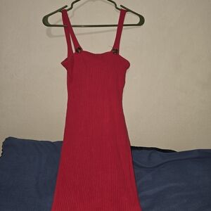Sleeveless Red Ribbed Midi Dress with Button-Accent Straps